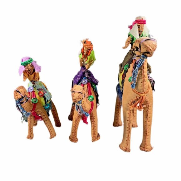 Vintage Arabian Dromedary Set of 3 Camels & Riders Hand Stitched Leather - Picture 2 of 12